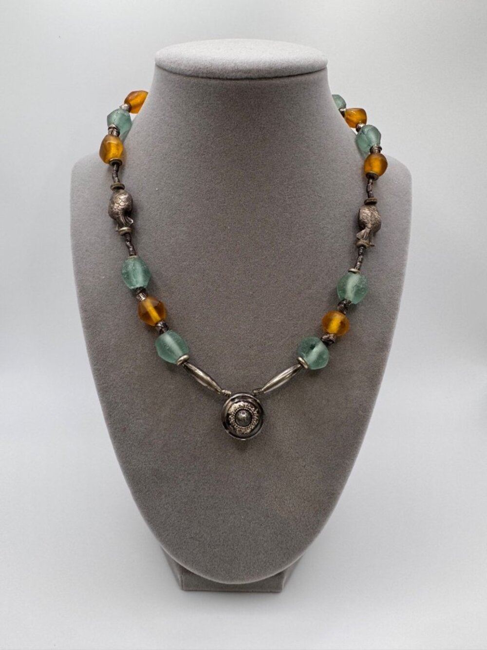 Vintage Artisan Glass Bead Necklace Fish Silver 925 Findings Boho Tribal